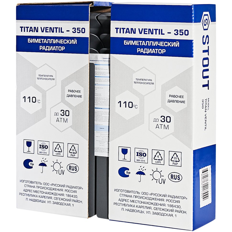 Биметаллический радиатор отопления Stout Titan Ventil 350 4 секции графит RAL 7024