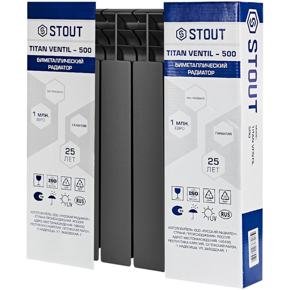 Биметаллический радиатор отопления Stout Titan Ventil 500 6 секций графит RAL 7024