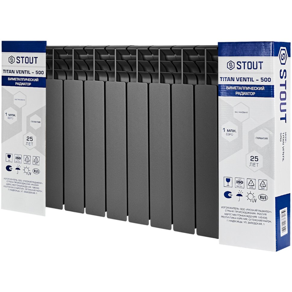 Биметаллический радиатор отопления Stout Titan Ventil 500 12 секций графит RAL 7024
