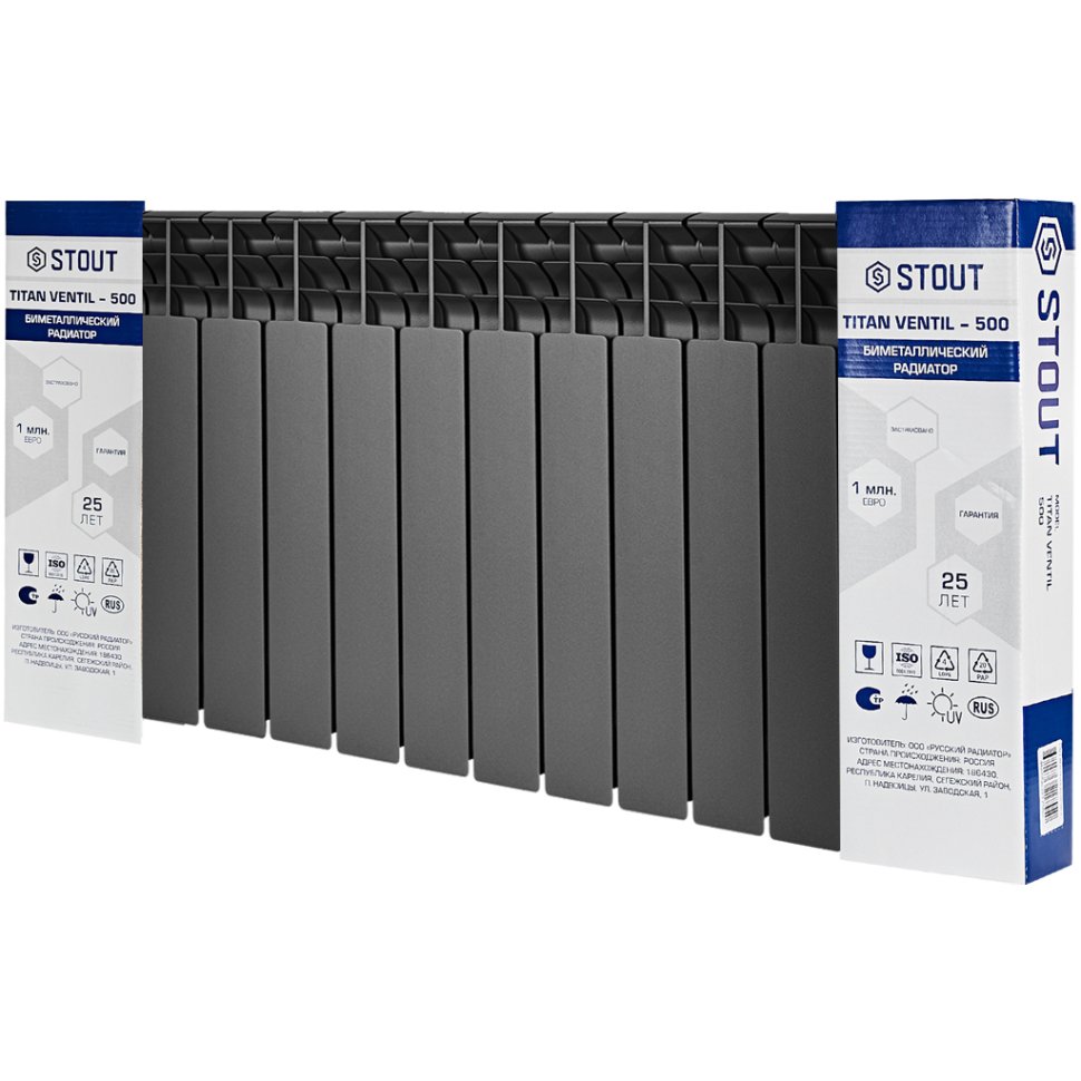 Биметаллический радиатор отопления Stout Titan Ventil 500 14 секций графит RAL 7024