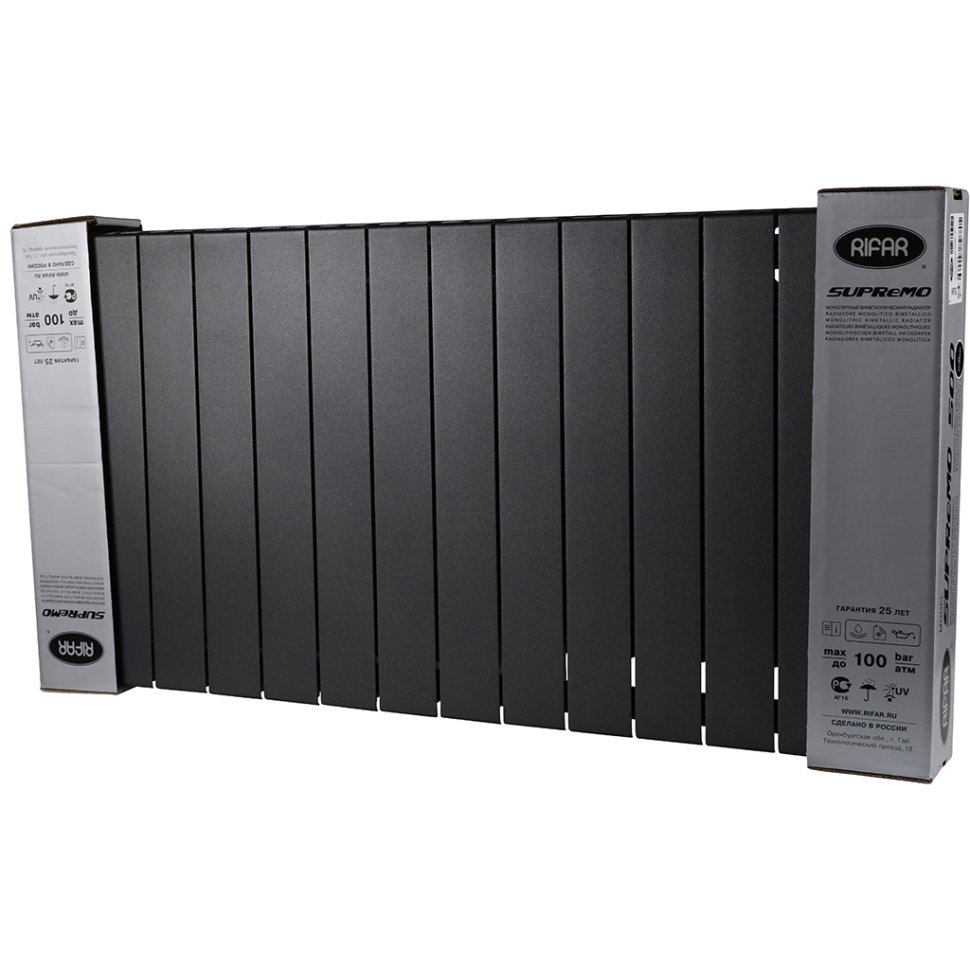 Биметаллический радиатор отопления Rifar Supremo 500 боковое подключение 14 секций антрацит