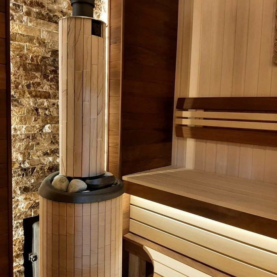 Печь банная PROMetall Атмосфера L в ламелях Окаменевшее дерево наборный рисунок